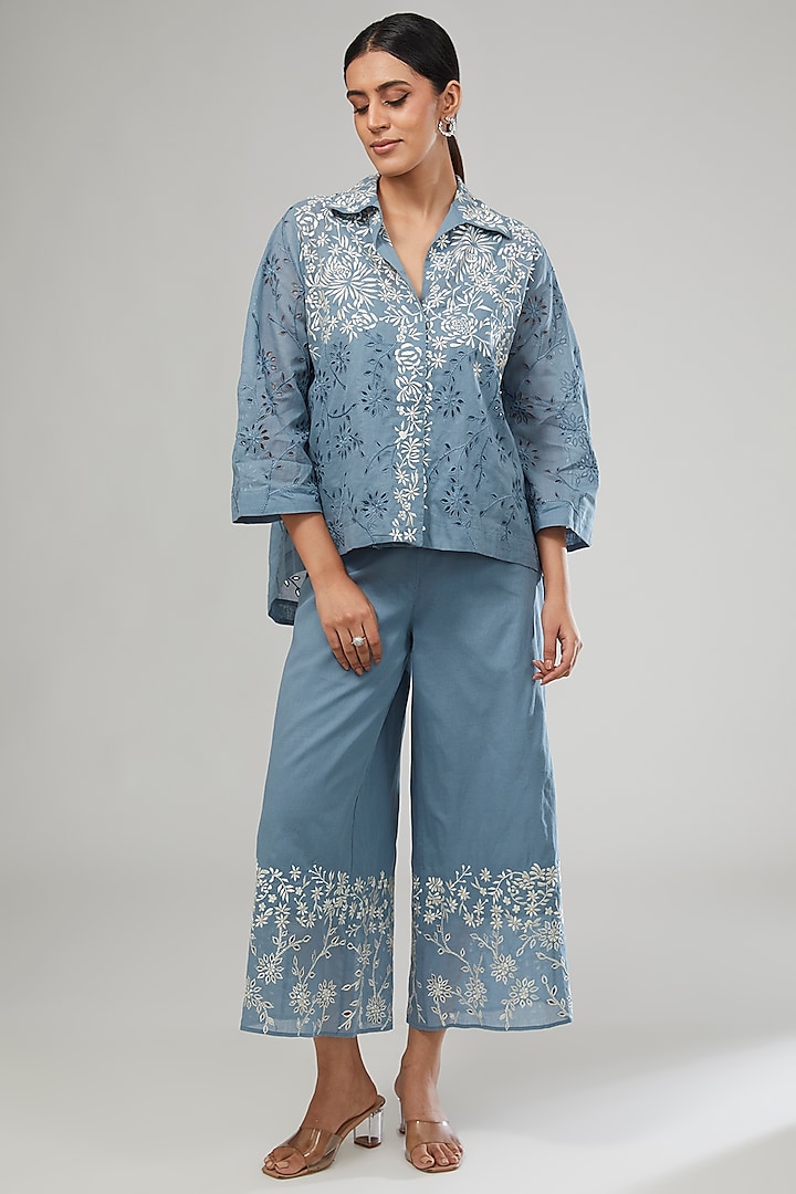 Blue Handloom Cotton Thread Embroidered Jacket by Peachoo at Pernia's Pop Up Shop