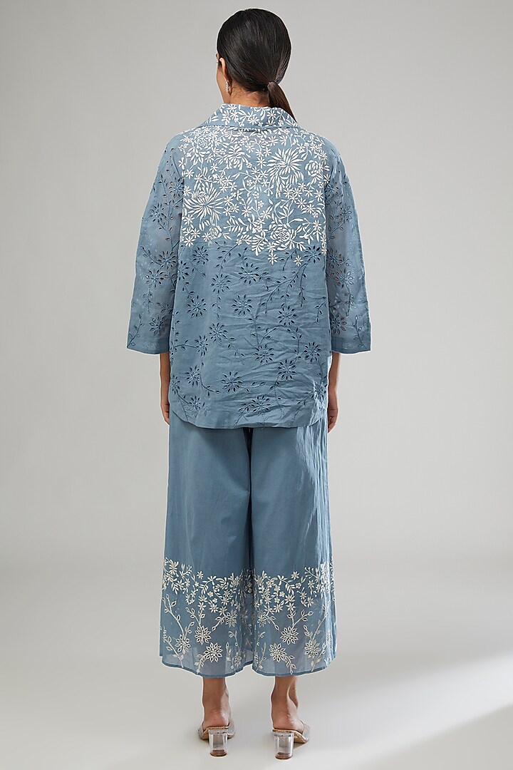 Blue Handloom Cotton Thread Embroidered Shirt by Peachoo at Pernia's Pop Up Shop