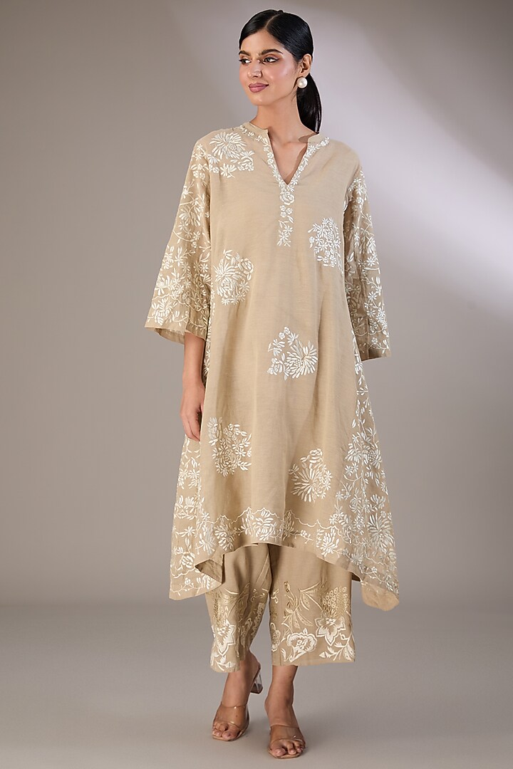 Blue Handloom Cotton Thread Embroidered Pants by Peachoo at Pernia's Pop Up Shop