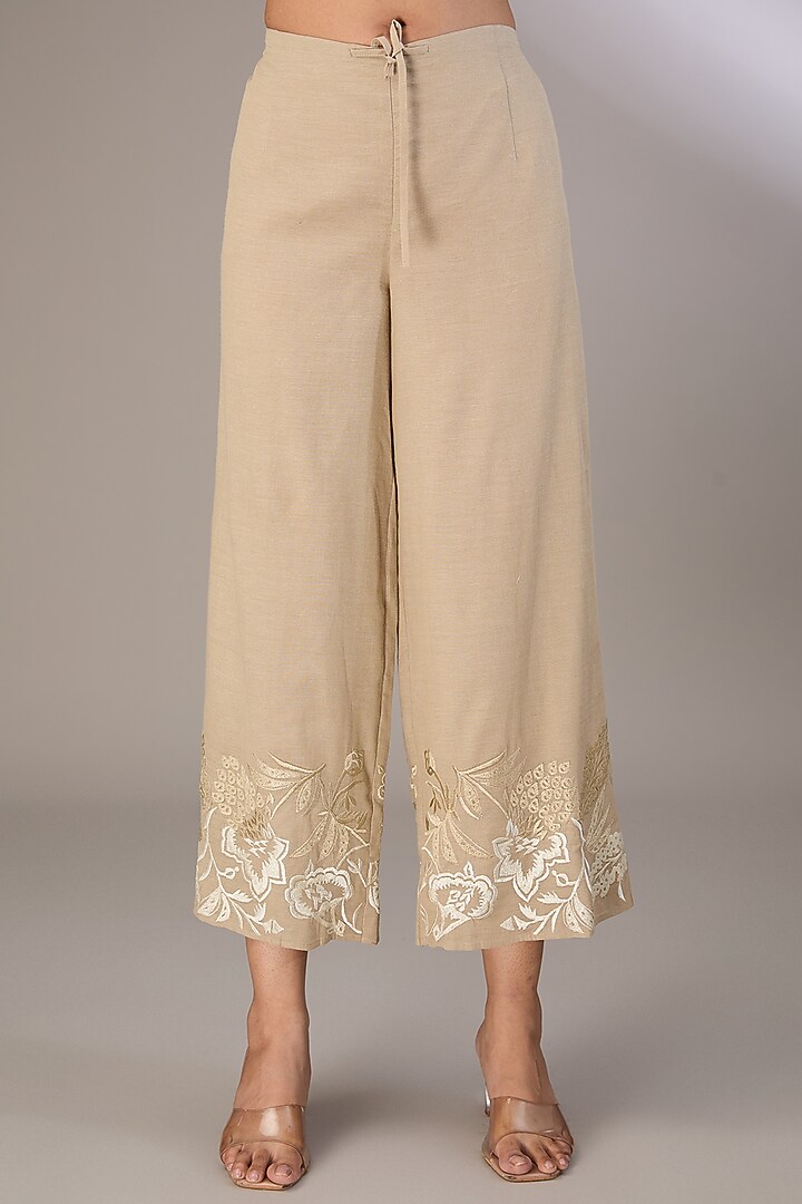Blue Handloom Cotton Thread Embroidered Pants by Peachoo at Pernia's Pop Up Shop