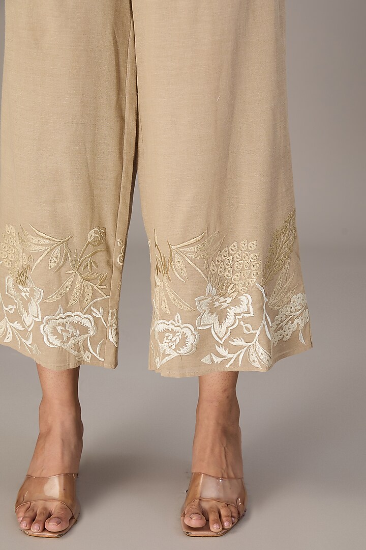 Blue Handloom Cotton Thread Embroidered Pants by Peachoo at Pernia's Pop Up Shop