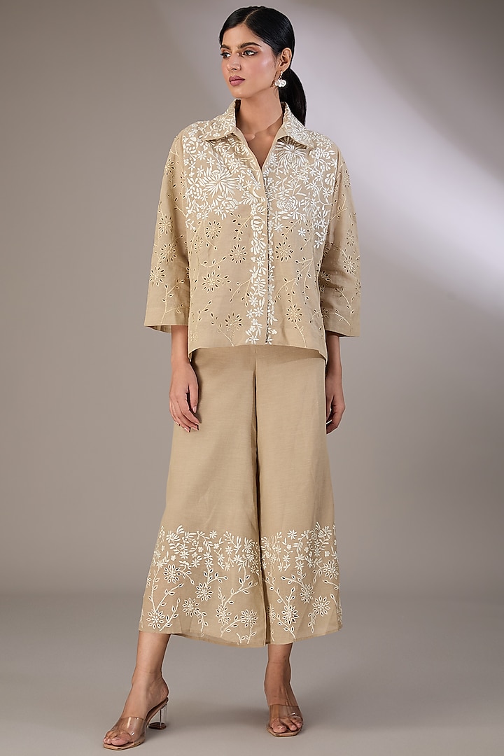 Beige Handloom Cotton Thread & Cutwork Embroidered Jacket by Peachoo at Pernia's Pop Up Shop