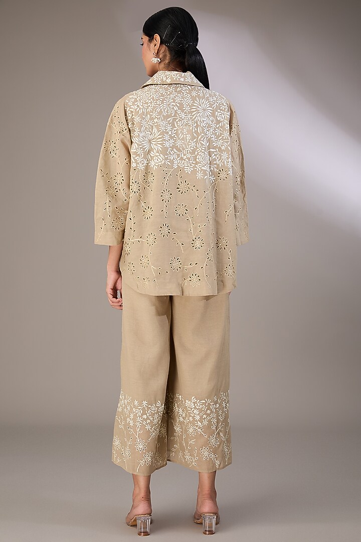 Beige Handloom Cotton Thread & Cutwork Embroidered Shirt by Peachoo at Pernia's Pop Up Shop