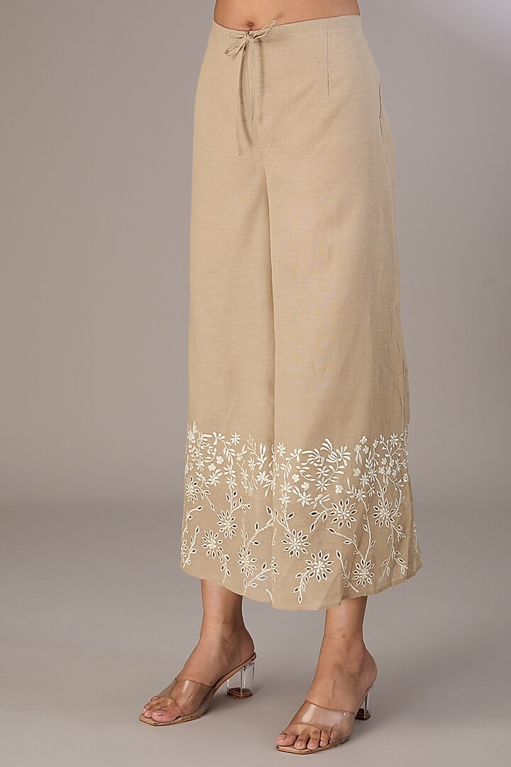 Beige Handloom Cotton Thread & Cutwork Embroidered Shirt by Peachoo at Pernia's Pop Up Shop