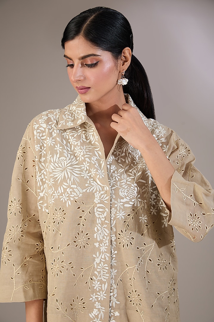 Beige Handloom Cotton Thread & Cutwork Embroidered Shirt by Peachoo at Pernia's Pop Up Shop