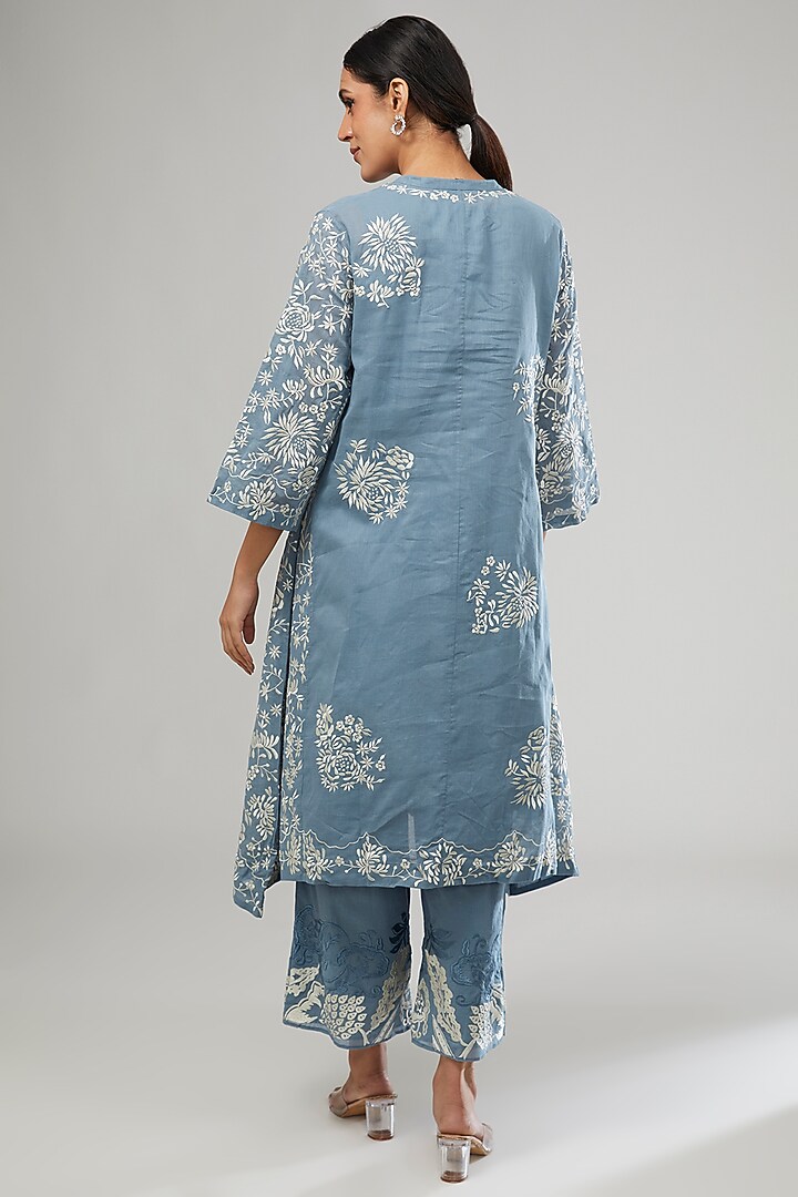 Beige Handloom Cotton Thread Embroidered Pants by Peachoo at Pernia's Pop Up Shop