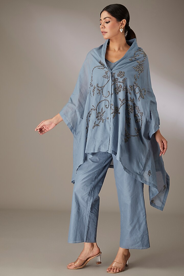 Blue Handloom Cotton Beads Embroidered Cape by Peachoo at Pernia's Pop Up Shop