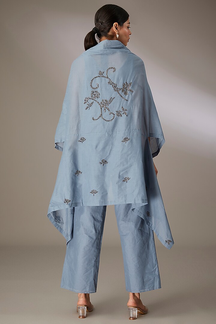 Blue Handloom Cotton Beads Embroidered Cape by Peachoo at Pernia's Pop Up Shop