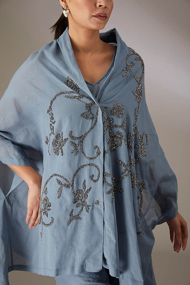 Blue Handloom Cotton Beads Embroidered Cape by Peachoo at Pernia's Pop Up Shop