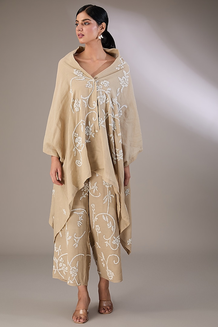 Beige Handloom Cotton Beads Embroidered Cape by Peachoo at Pernia's Pop Up Shop