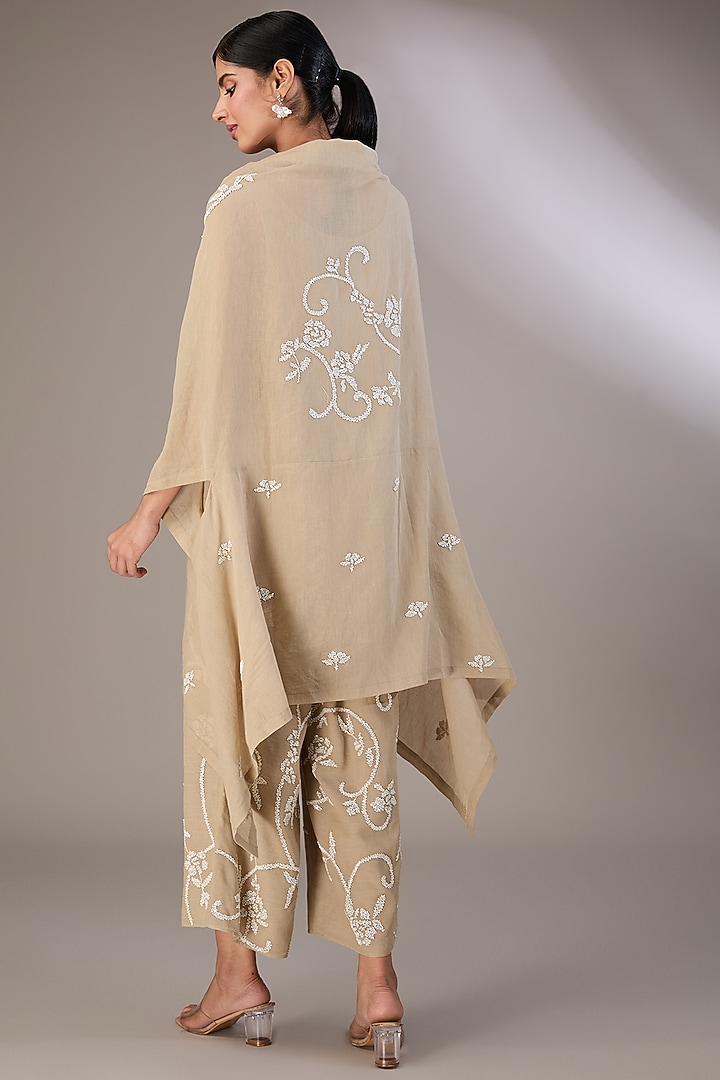 Beige Handloom Cotton Beads Embroidered Cape by Peachoo at Pernia's Pop Up Shop