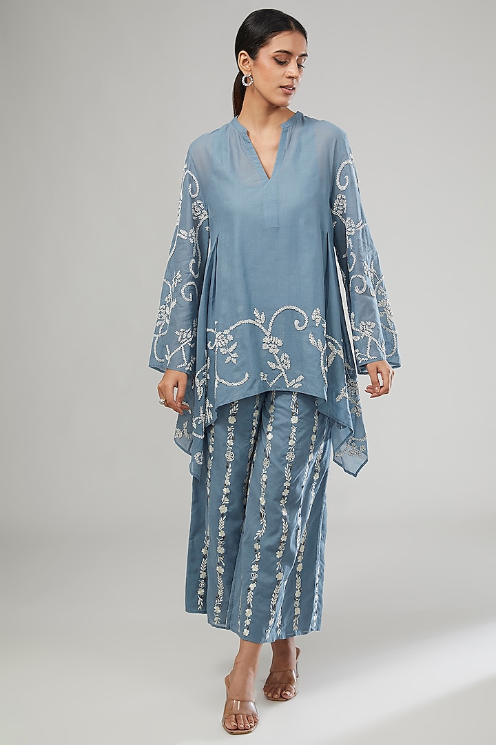 Blue Handloom Cotton Thread Embroidered Top by Peachoo at Pernia's Pop Up Shop