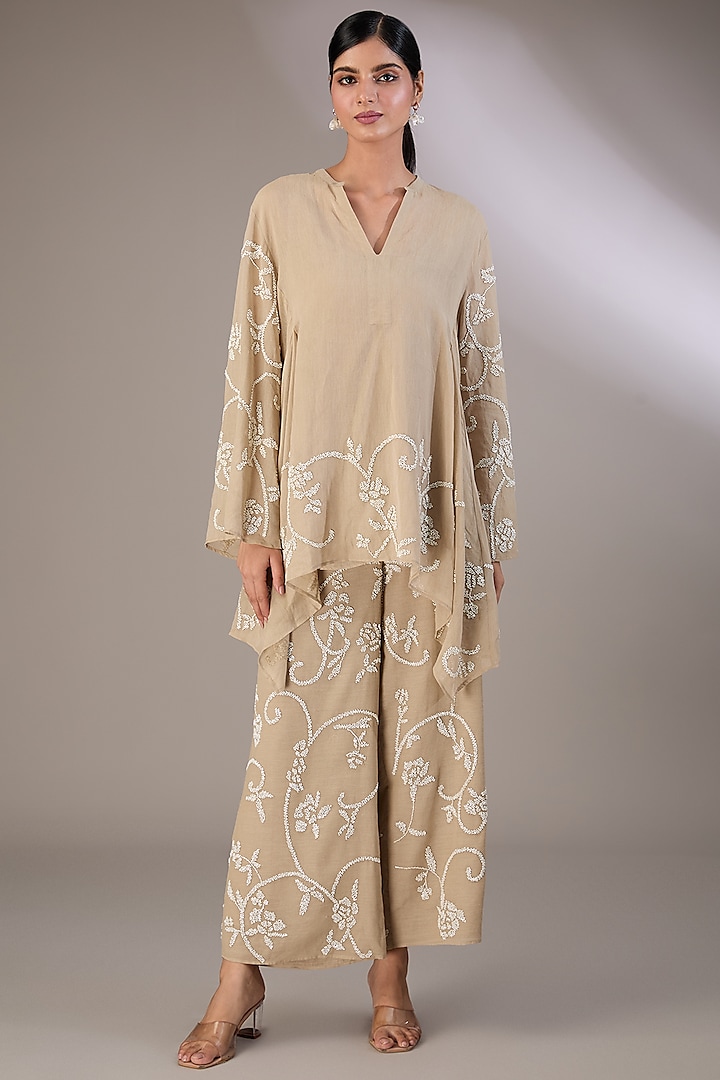 Beige Handloom Cotton Thread Embroidered Top by Peachoo at Pernia's Pop Up Shop