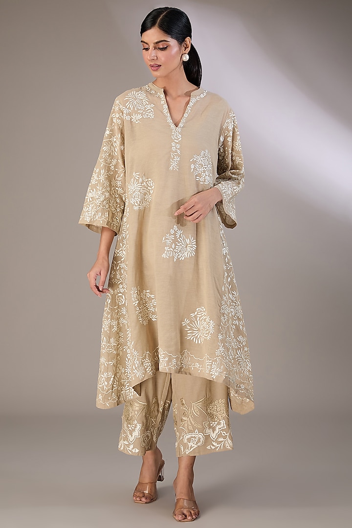 Beige Handloom Cotton Thread Embroidered Dress by Peachoo at Pernia's Pop Up Shop