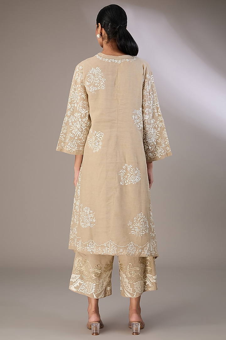 Beige Handloom Cotton Thread Embroidered Kurta by Peachoo at Pernia's Pop Up Shop