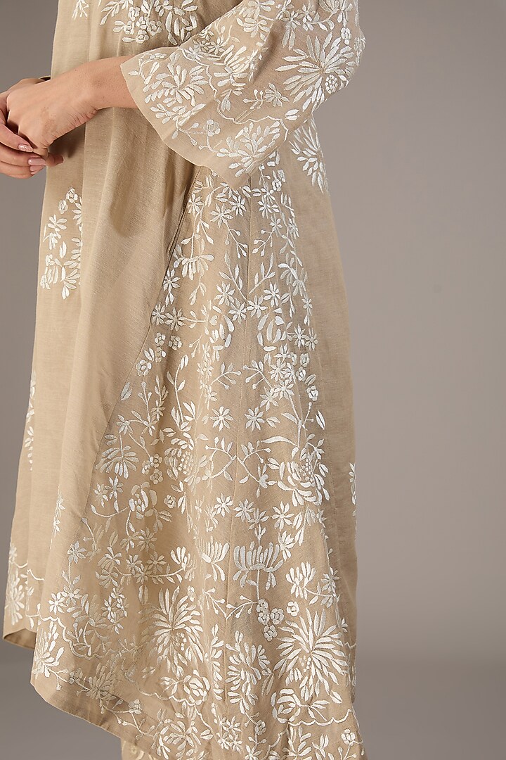 Beige Handloom Cotton Thread Embroidered Kurta by Peachoo at Pernia's Pop Up Shop