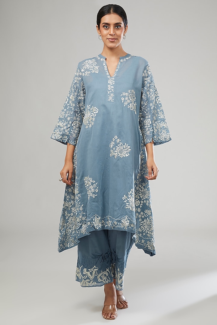 Blue Handloom Cotton Thread Embroidered Dress by Peachoo at Pernia's Pop Up Shop