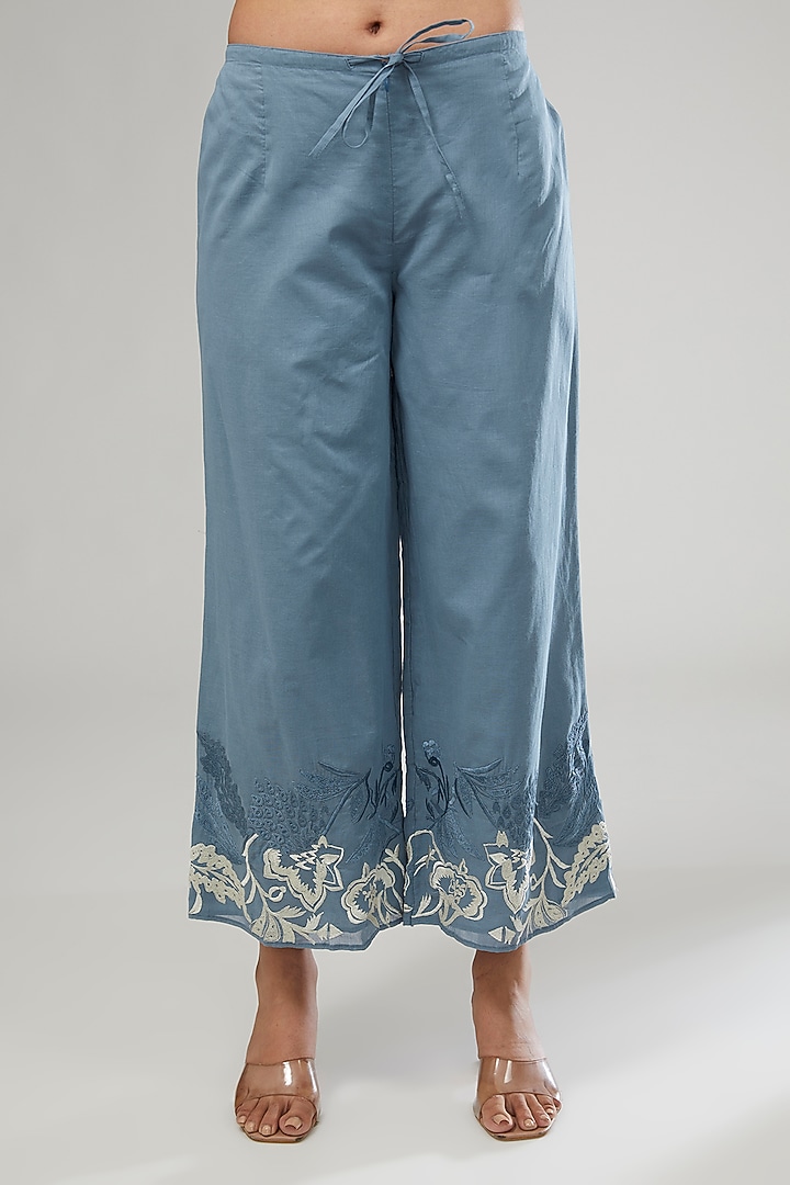 Blue Handloom Cotton Thread Embroidered Kurta by Peachoo at Pernia's Pop Up Shop
