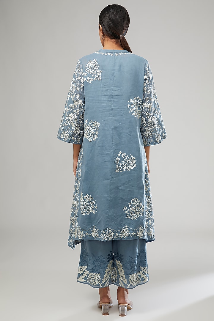 Blue Handloom Cotton Thread Embroidered Kurta by Peachoo at Pernia's Pop Up Shop