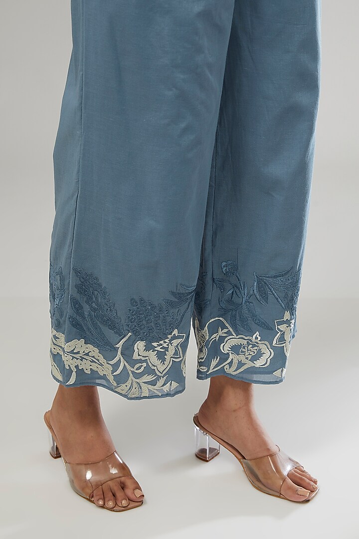 Blue Handloom Cotton Thread Embroidered Kurta by Peachoo at Pernia's Pop Up Shop