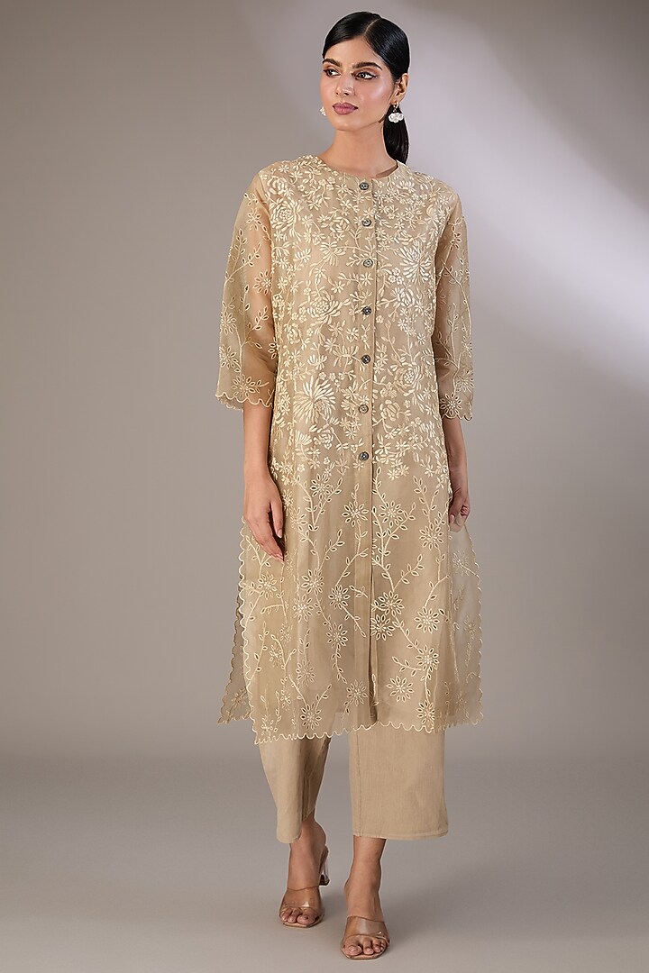 Beige Silk Organza Thread & Cutwork Embroidered Kurta by Peachoo at Pernia's Pop Up Shop