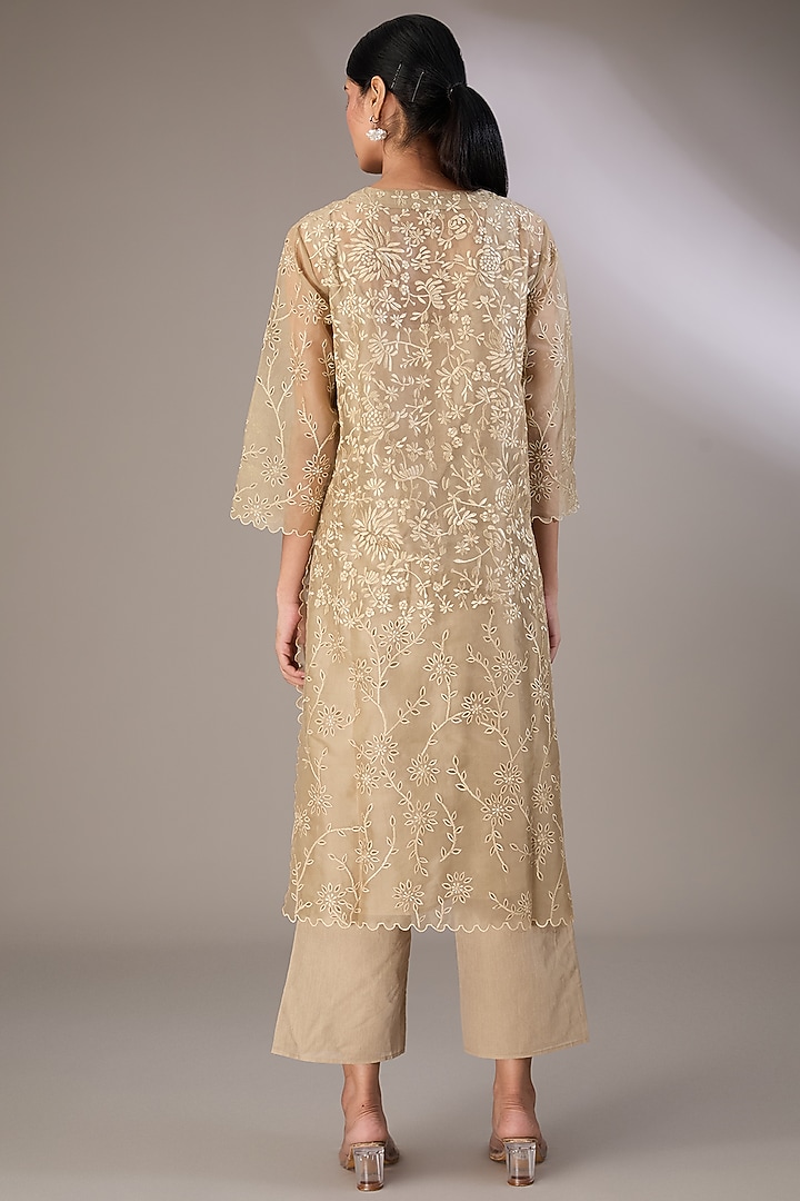 Beige Silk Organza Thread & Cutwork Embroidered Kurta by Peachoo at Pernia's Pop Up Shop