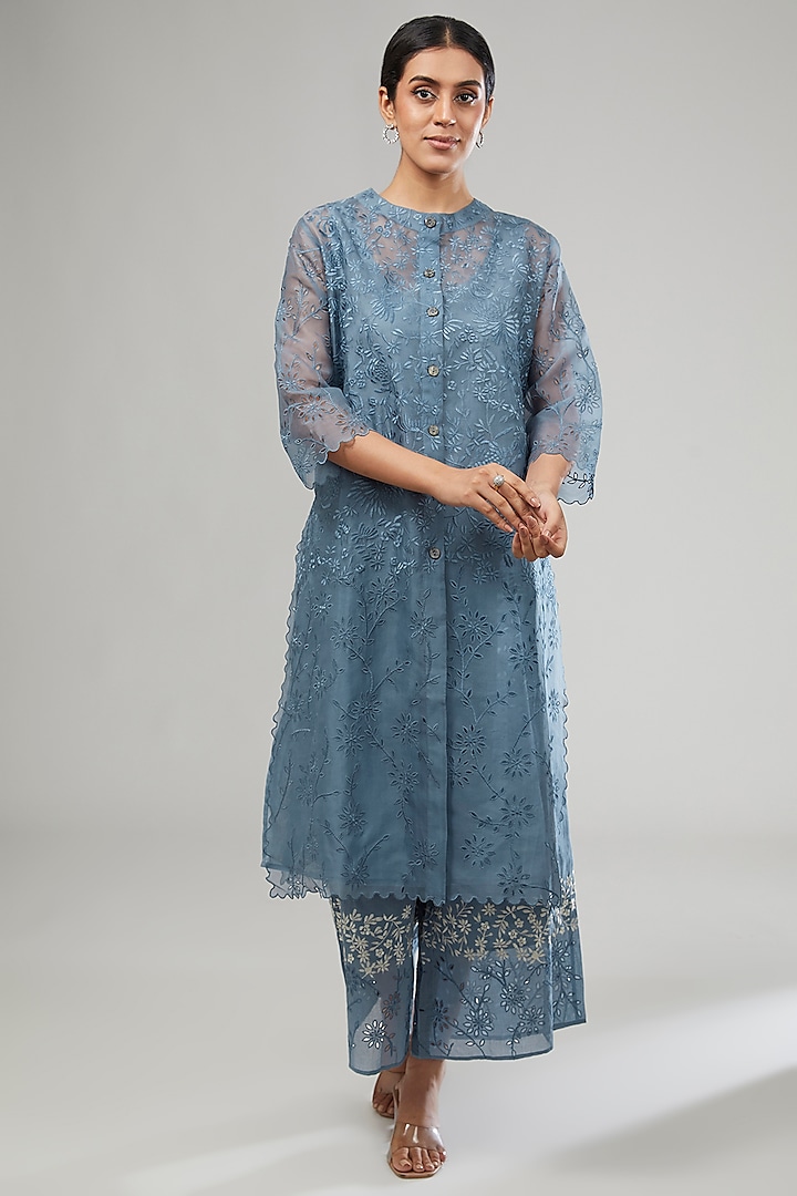 Blue Silk Organza Thread & Cutwork Embroidered Kurta by Peachoo at Pernia's Pop Up Shop