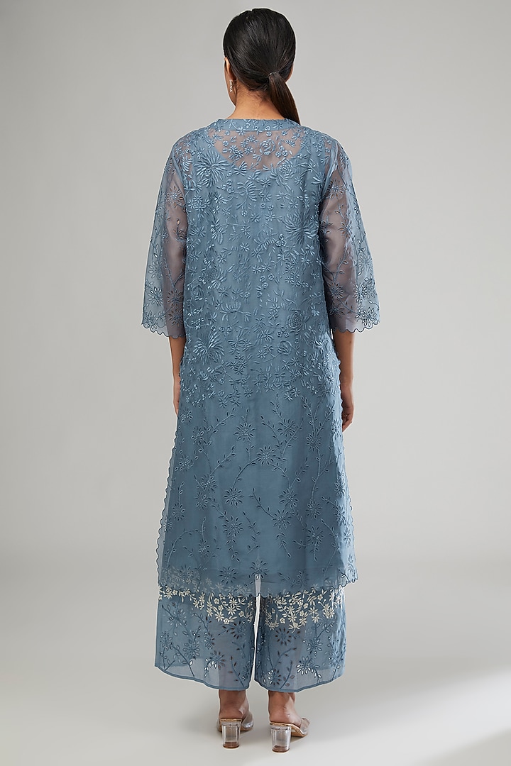 Blue Silk Organza Thread & Cutwork Embroidered Kurta by Peachoo at Pernia's Pop Up Shop