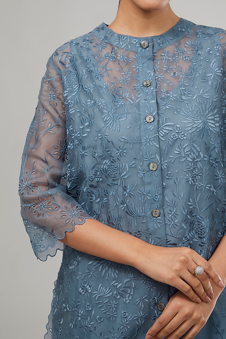 Blue Silk Organza Thread & Cutwork Embroidered Kurta by Peachoo at Pernia's Pop Up Shop