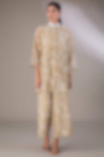 Beige Handloom Cotton Bead Embroidered Jacket by Peachoo at Pernia's Pop Up Shop