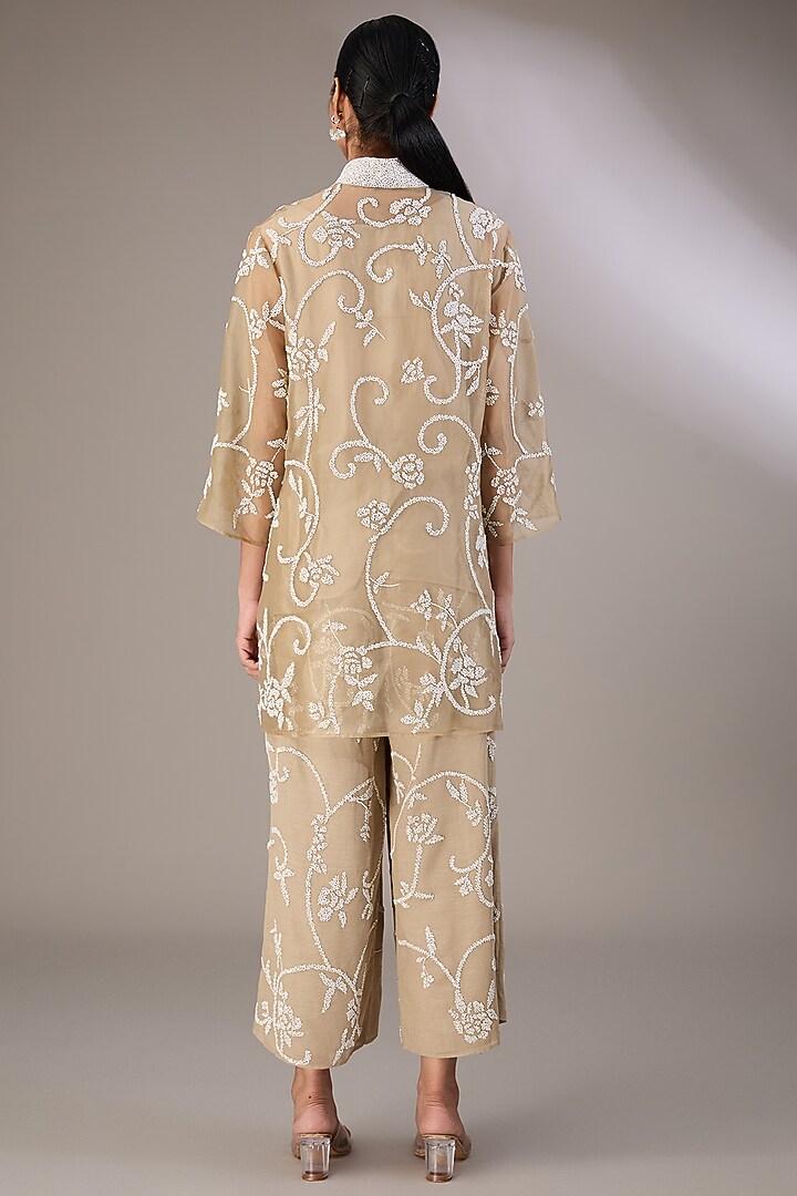 Beige Handloom Cotton Bead Embroidered Shirt by Peachoo at Pernia's Pop Up Shop