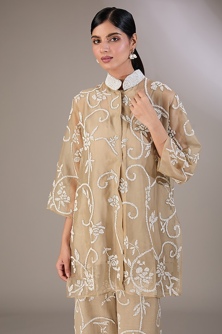 Beige Handloom Cotton Bead Embroidered Shirt by Peachoo at Pernia's Pop Up Shop