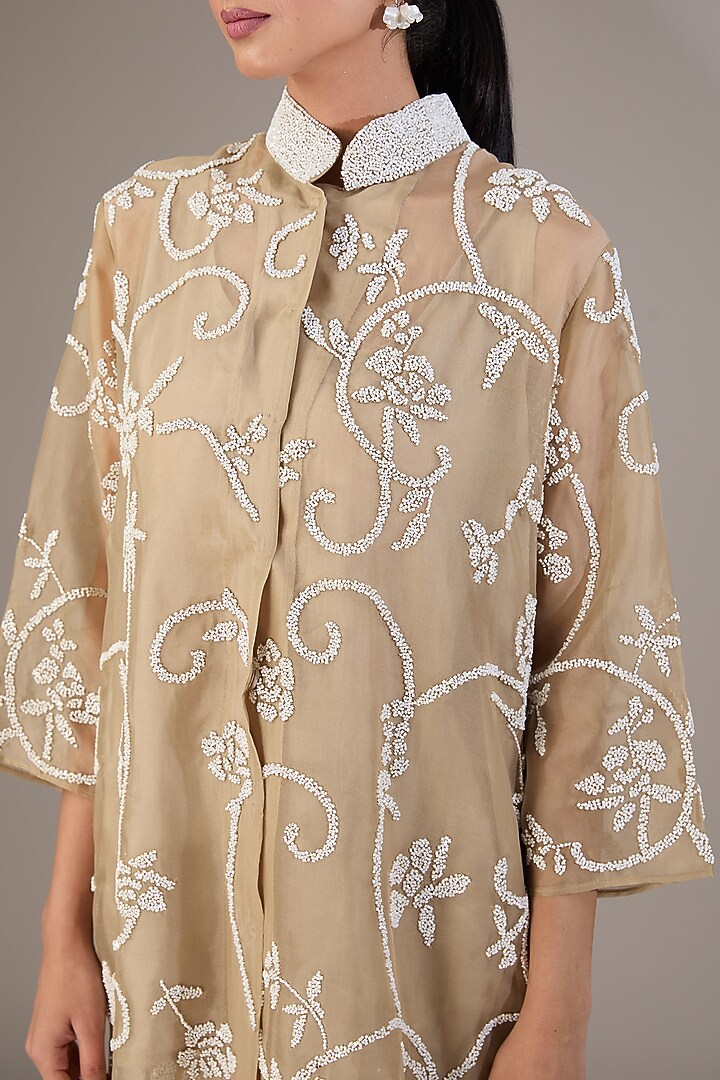 Beige Handloom Cotton Bead Embroidered Shirt by Peachoo at Pernia's Pop Up Shop