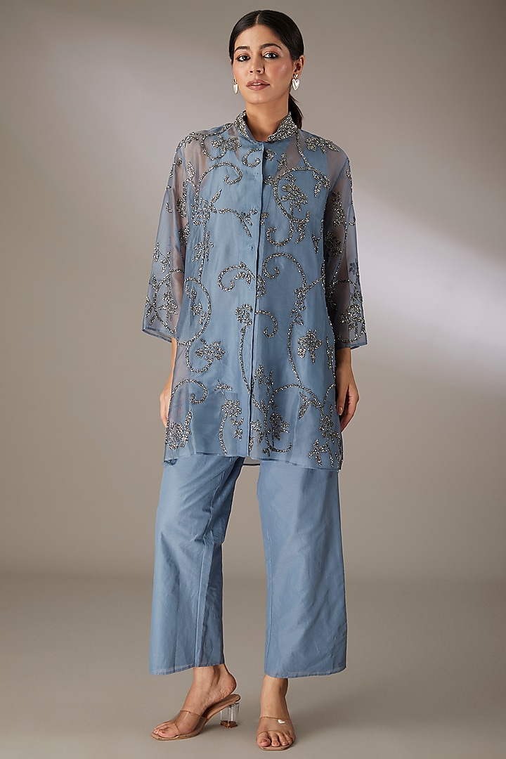 Blue Handloom Cotton Embroidered Jacket by Peachoo at Pernia's Pop Up Shop