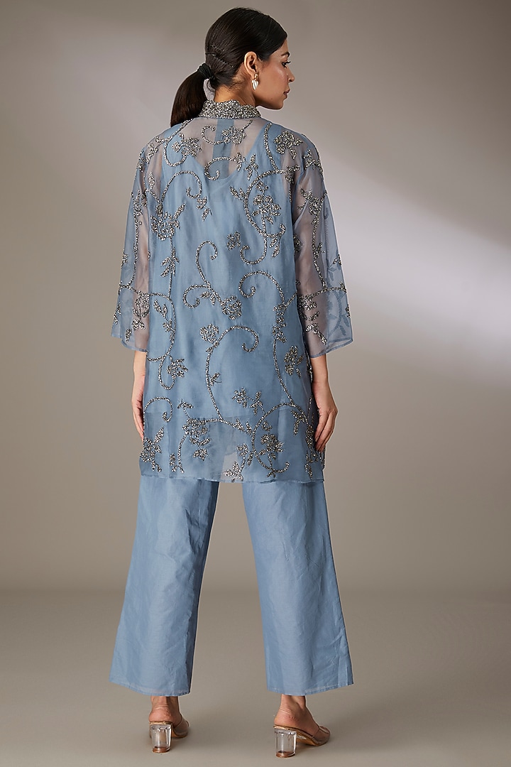 Blue Handloom Cotton Embroidered Jacket by Peachoo at Pernia's Pop Up Shop