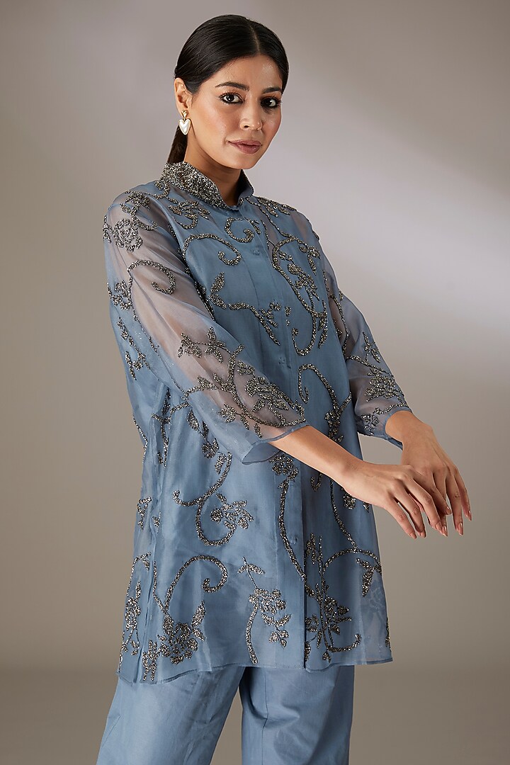 Blue Handloom Cotton Embroidered Jacket by Peachoo at Pernia's Pop Up Shop