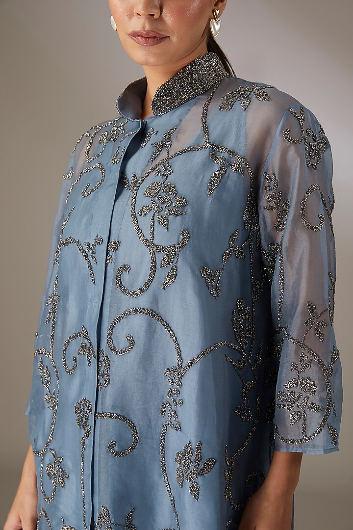 Blue Handloom Cotton Embroidered Jacket by Peachoo at Pernia's Pop Up Shop