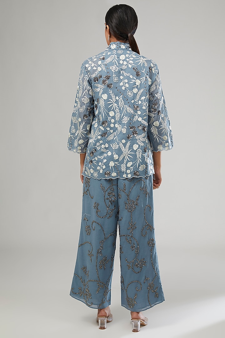 Blue Handloom Cotton Bead Embroidered Pants by Peachoo at Pernia's Pop Up Shop