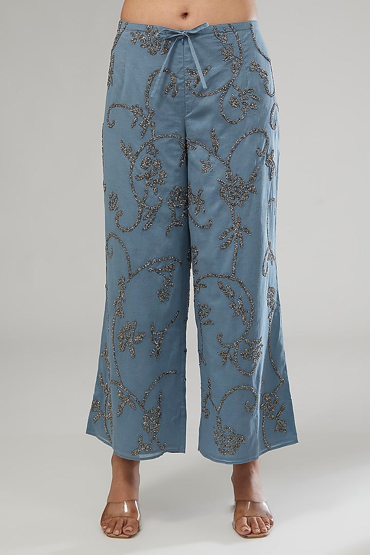 Blue Handloom Cotton Bead Embroidered Pants by Peachoo at Pernia's Pop Up Shop