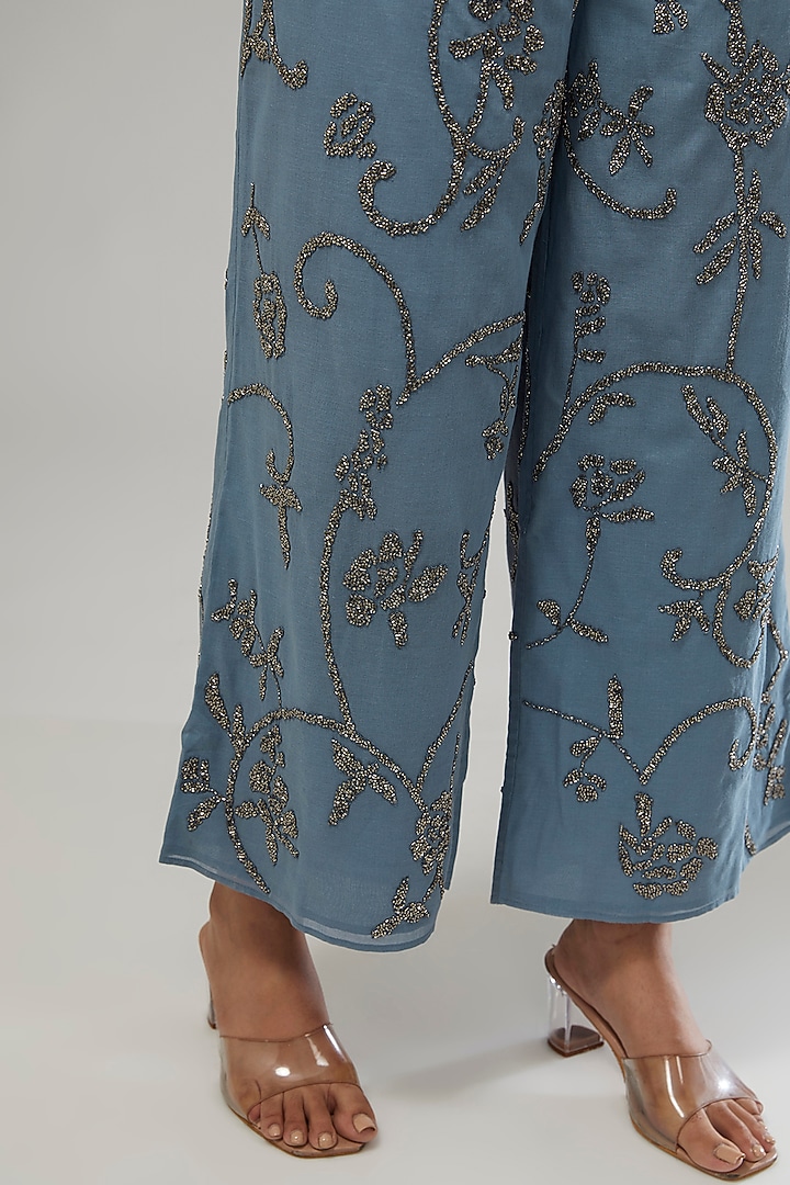 Blue Handloom Cotton Bead Embroidered Pants by Peachoo at Pernia's Pop Up Shop