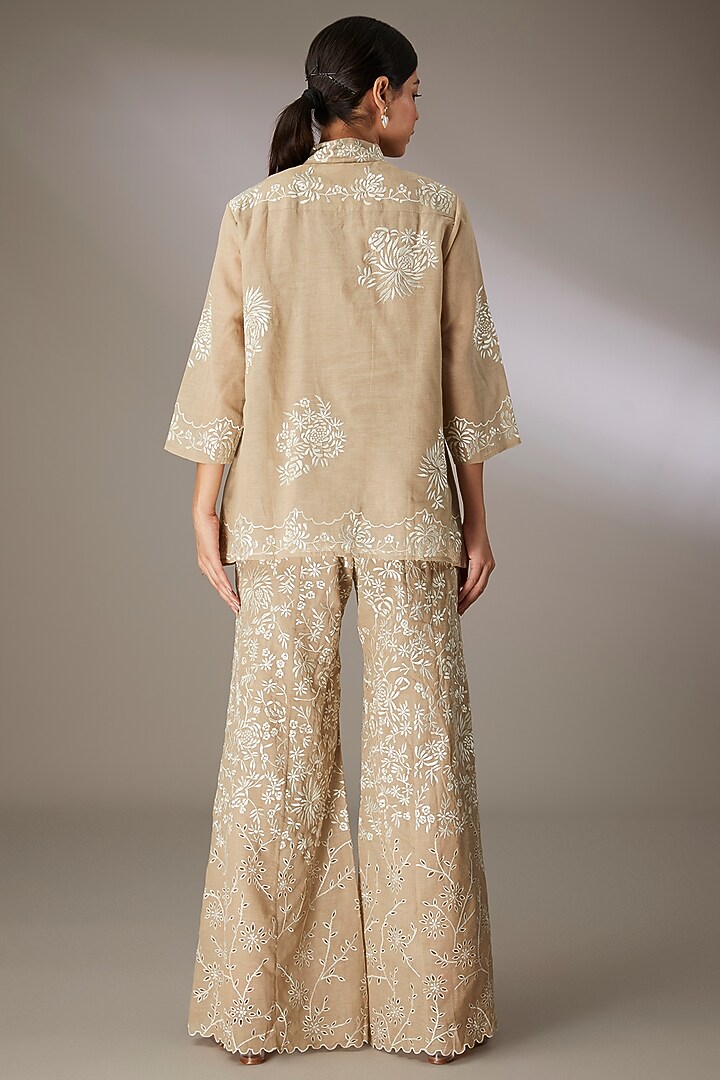 Beige Handloom Cotton Thread Embroidered Top by Peachoo at Pernia's Pop Up Shop