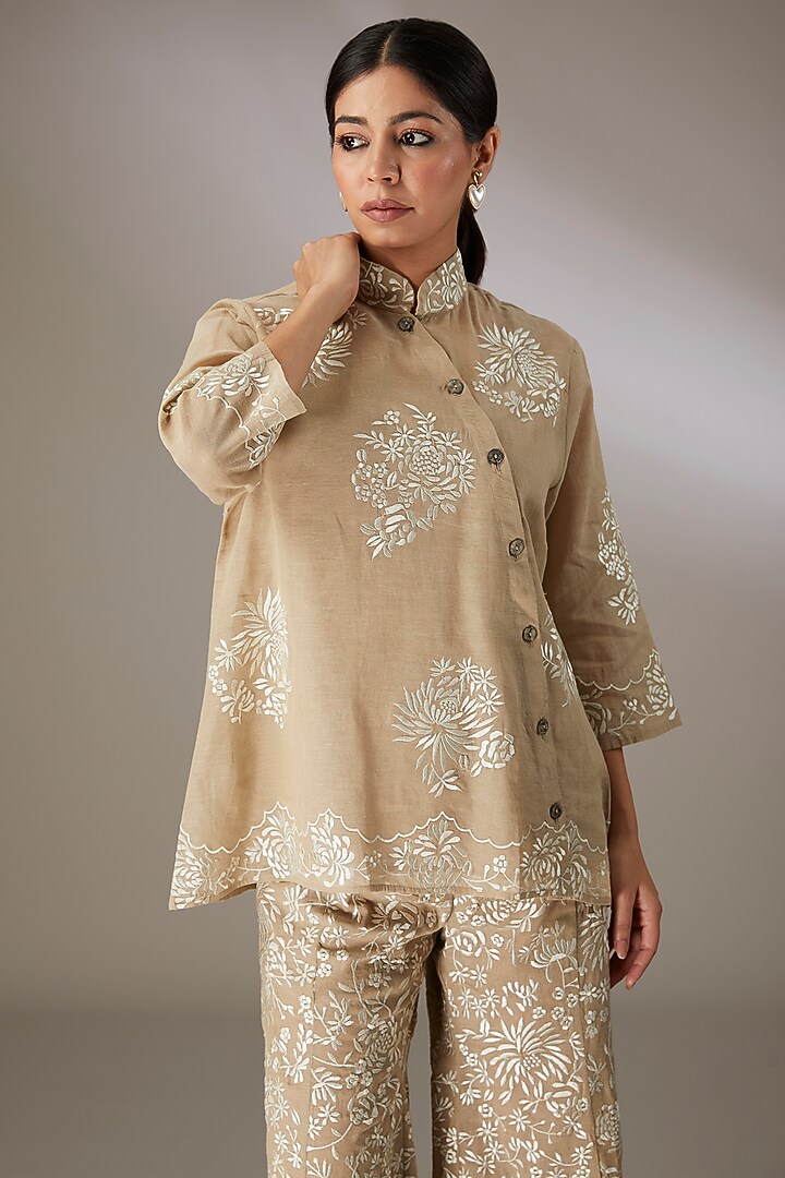 Beige Handloom Cotton Thread Embroidered Top by Peachoo at Pernia's Pop Up Shop