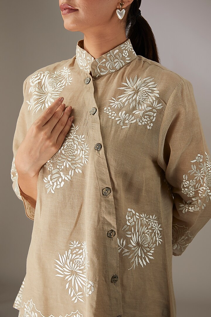 Beige Handloom Cotton Thread Embroidered Top by Peachoo at Pernia's Pop Up Shop