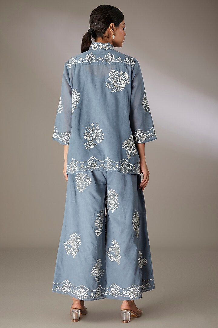 Blue Handloom Cotton Thread Embroidered Top by Peachoo at Pernia's Pop Up Shop