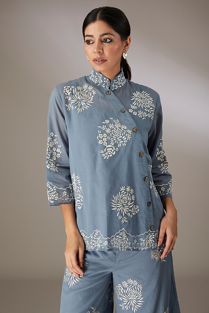 Blue Handloom Cotton Thread Embroidered Top by Peachoo at Pernia's Pop Up Shop