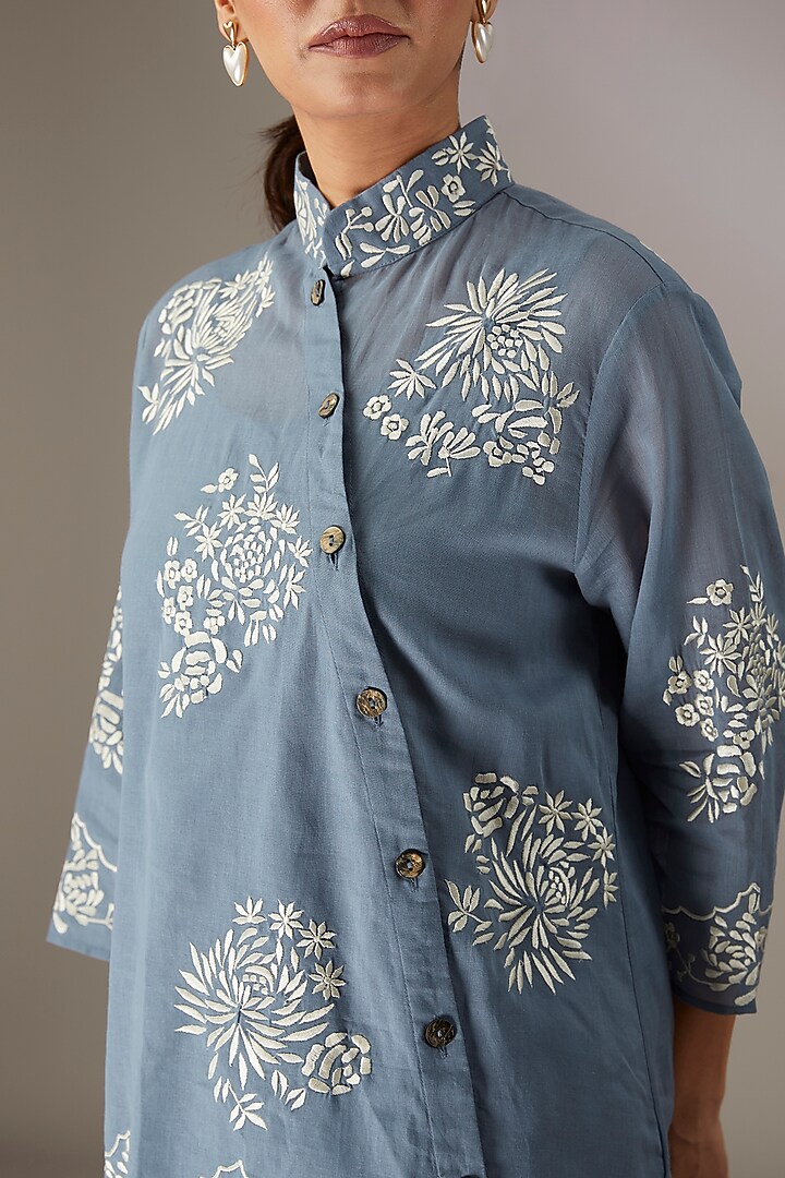 Blue Handloom Cotton Thread Embroidered Top by Peachoo at Pernia's Pop Up Shop