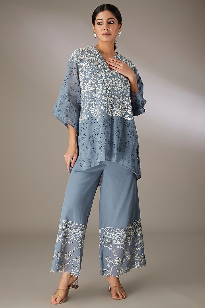 Blue Handloom Cotton Thread Embroidered Top by Peachoo at Pernia's Pop Up Shop