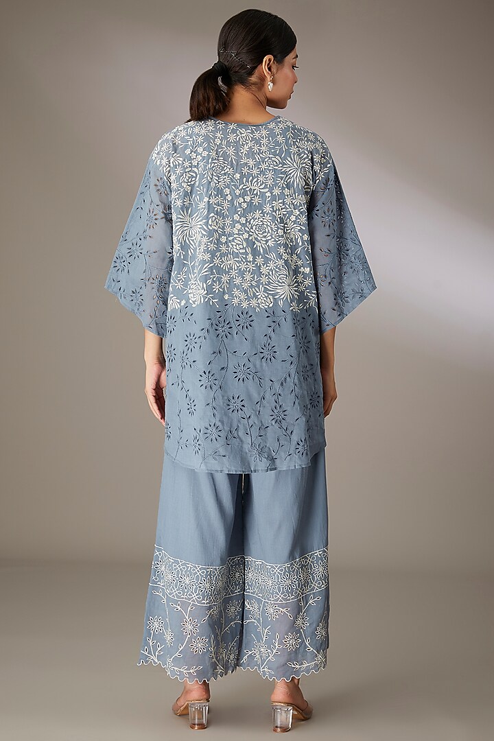 Blue Handloom Cotton Thread Embroidered Top by Peachoo at Pernia's Pop Up Shop