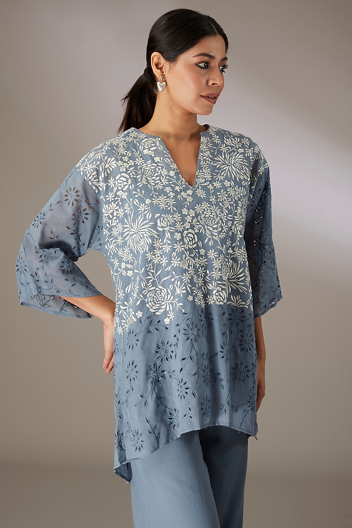 Blue Handloom Cotton Thread Embroidered Top by Peachoo at Pernia's Pop Up Shop
