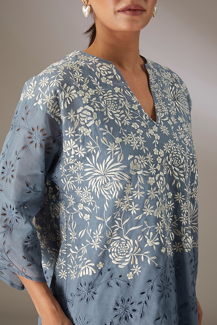 Blue Handloom Cotton Thread Embroidered Top by Peachoo at Pernia's Pop Up Shop